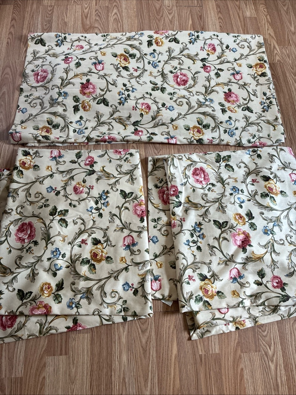 JCPenney Home Set of 3 Drapes Pinch Plaid Curtains Beige Floral Print 24x82”